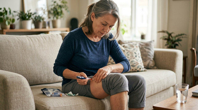 Mature woman self administering insulin injection on thigh while sitting on sofa diabetes care at home