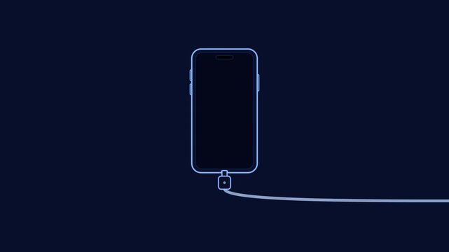 Animated smartphone charging with a connected cable and rising battery level, symbolizing mobile power, energy, technology, charging, and digital connectivity.