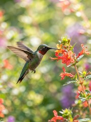 Fototapeta premium Ruby throated hummingbird feeding on nectar from bright orange flowers in a garden.