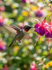 Fototapeta premium Ruby throated hummingbird feeding on fuchsia flower in garden.