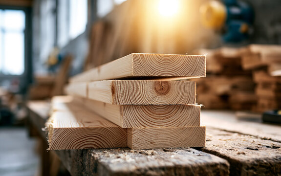 Carpentry and woodworking craftsmanship, stack of raw pine lumber planks on a workbench in a sunlit workshop for construction and home renovation projects