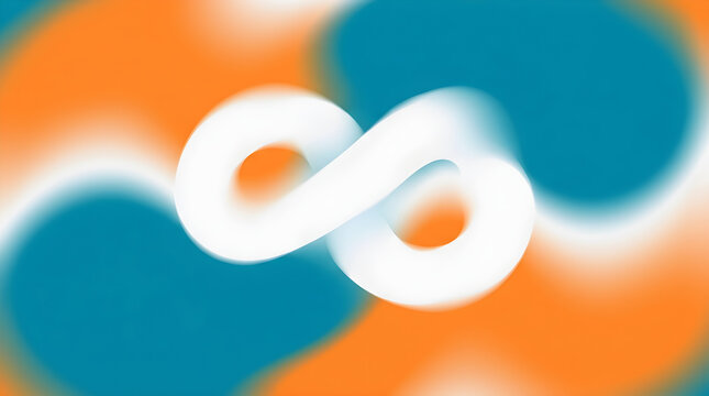 Abstract fluid gradient background with rich teal blue, bright tangerine orange, and soft white interlocking liquid blob shapes blending smoothly, soft airbrushed mesh gradient