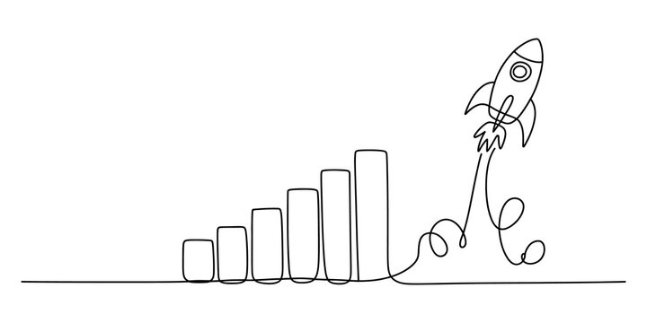 Continuous single line drawing of a rocket launching next to a growth bar chart