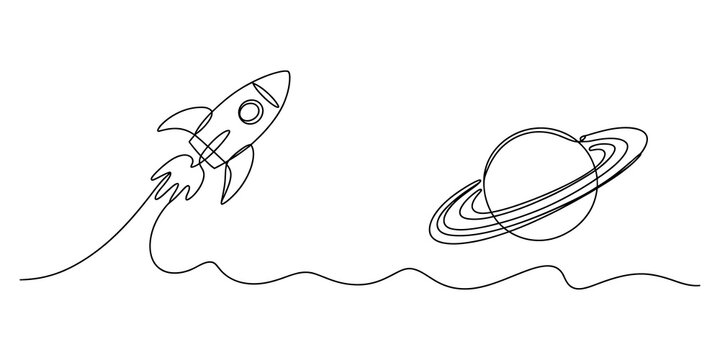 Continuous one line drawing of a rocket ship flying towards a planet in space
