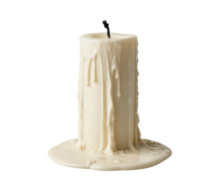 White pillar candle with melted wax drips isolated on transparent background