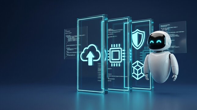 AI agent robot wide cinematic long shot monolithic glass slabs workflow automation 3d character overseeing enterprise cloud infrastructure with glowing cyan copy space 3d stock illustration