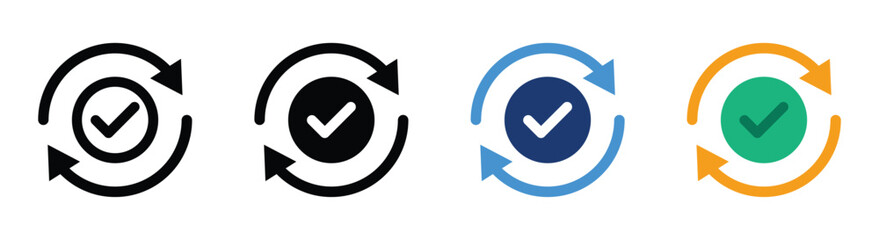 Consistency and update complete icon set with check mark and rotating arrows in outline, silhouette and colored vector styles for synchronization, refresh, renewal and process completion © Solayman