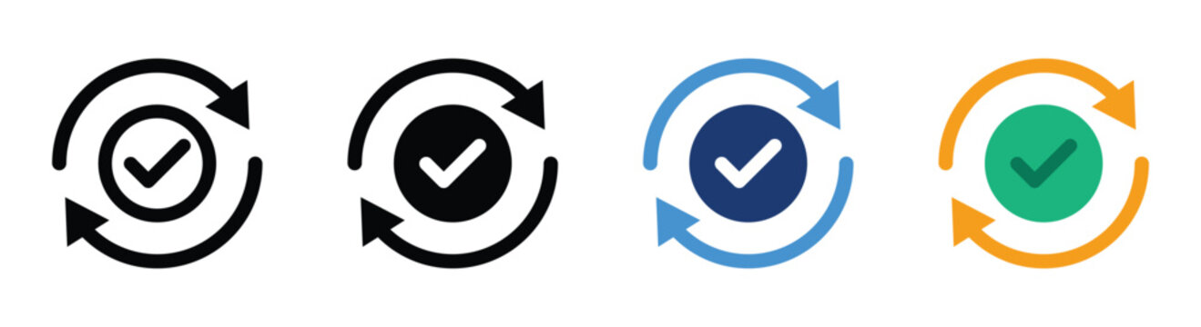 Consistency and update complete icon set with check mark and rotating arrows in outline, silhouette and colored vector styles for synchronization, refresh, renewal and process completion
