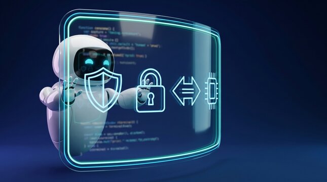 AI agent robot authoritative forward push defensive barrier workflow automation 3d character deploying curved firewall security shield wall with glowing cyan border copy space 3d illustration