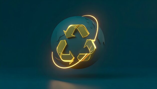 Eco-friendly concept with a glowing golden recycling symbol and a globe on a dark turquoise background for sustainability