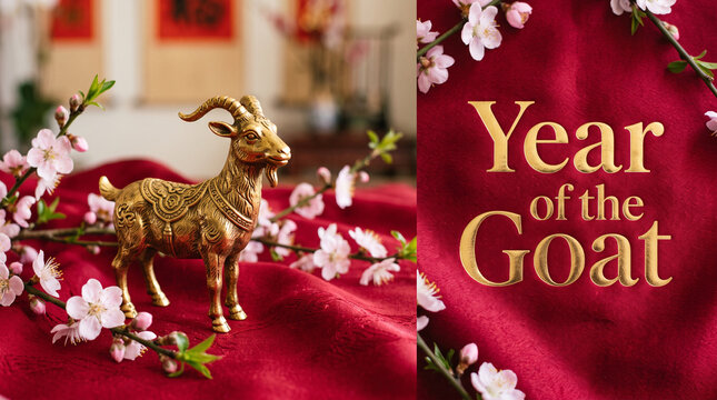 A golden goat figurine stands on a red silk fabric with pink blossoms for celebration with metallic goat statue rests textured red cloth surrounded delicate pink flower branches