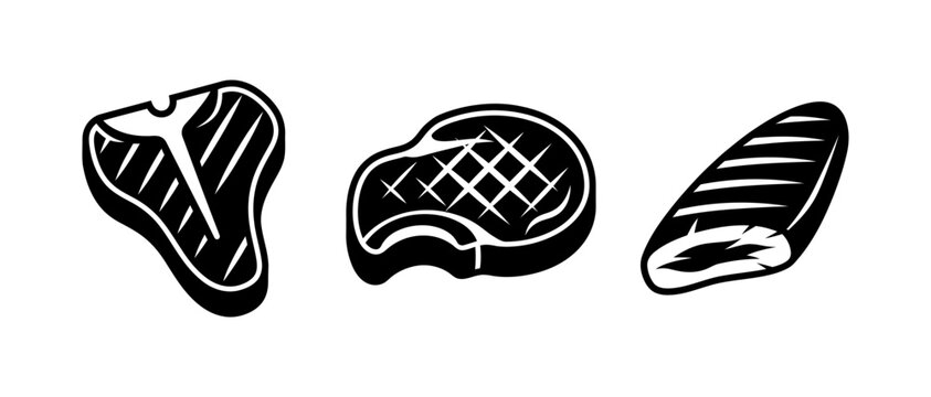 Black silhouette collection of three different steak cuts with steak cut beef steak meat icon grilled meat t bone steak sirloin steak meat illustration food icon protein food