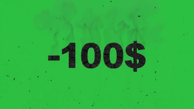 Dynamic green screen video animation of a minus one hundred dollar sign burning, charring, and violently exploding into fiery debris, perfect for financial loss themes.