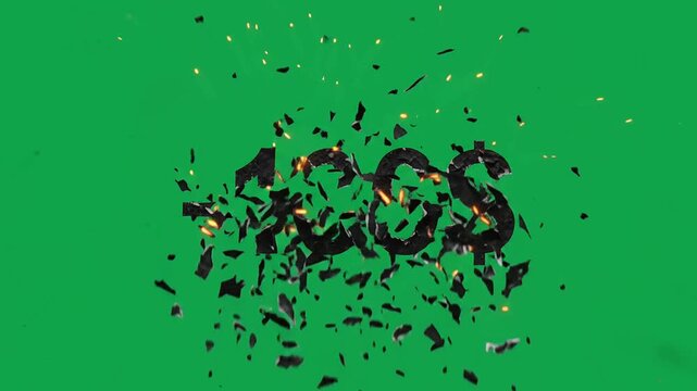 Dynamic green screen video of minus one hundred dollars text catching fire and exploding into glowing ash and embers, ideal for financial loss and budget cut projects.