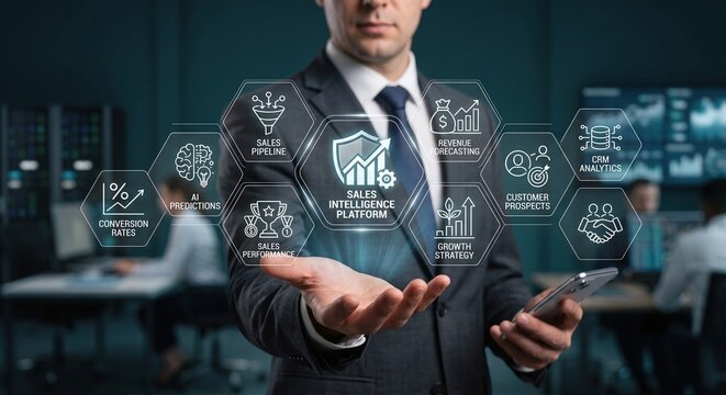 Corporate manager holding a holographic enterprise ecosystem and connected digital services dashboard.