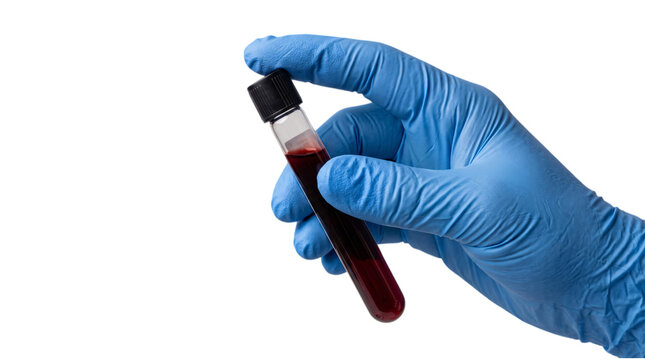 Hand in blue glove holding sample test tube isolated on transparent background