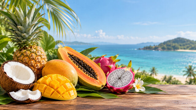 Tropical fruits including pineapple, papaya, mango, coconut, and dragon fruit are artfully arranged on a wooden surface with a serene beach and ocean backdrop.