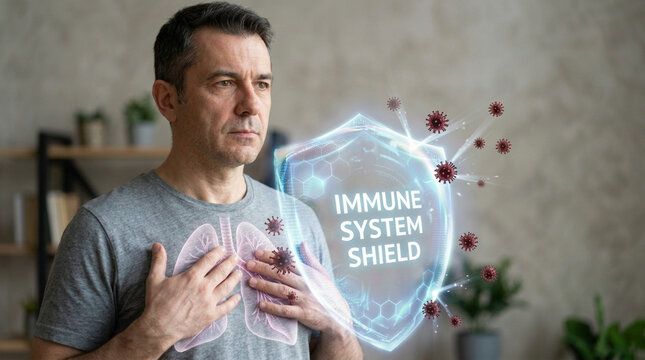 Man Protected by Immune System Shield from Viruses Health and Immunity Concept