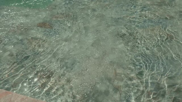 Clear swimming pool water ripples over pale stone tiles, with pink marble coping across one corner.