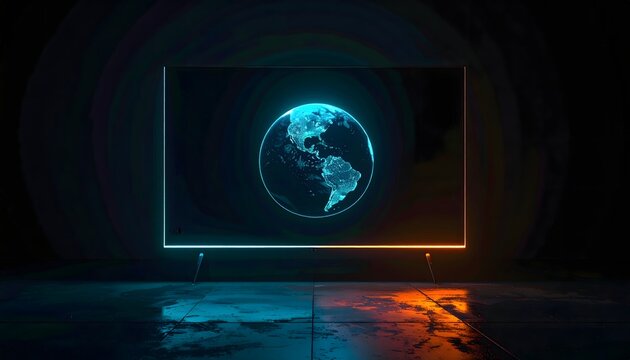 Digital Earth glowing on a modern television screen in a dark room with neon blue and orange backlighting