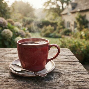 Steaming Coffee Cup on Rustic Table in Garden Morning Light.