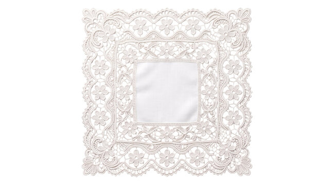 Intricate white lace doily with central isolated on transparent background