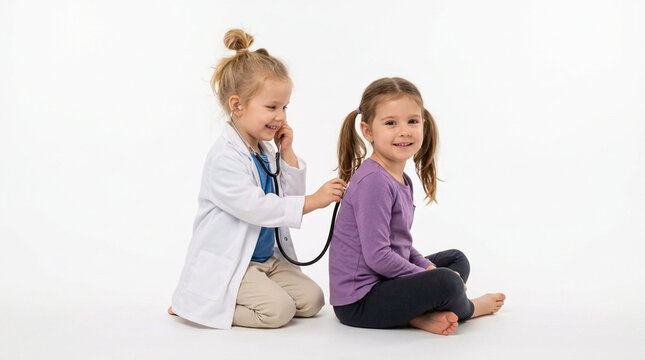 Little girl dressed as a doctor using stethoscope on friend playing pretend white background