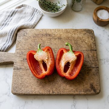 Two halves of a red bell pepper on a rustic wooden cutting board.