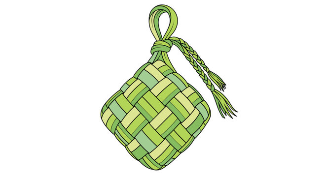 Green woven ketupat rice dumpling vector illustration for Hari Raya Eid Mubarak isolated on transparent background