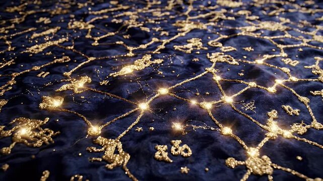 Muted gold threads form celestial map on dark blue fabric