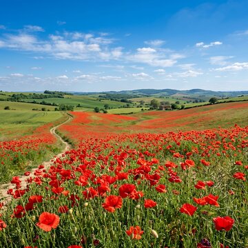 Vast Field of Red Poppies Under a Blue Sky with Rolling Hills.