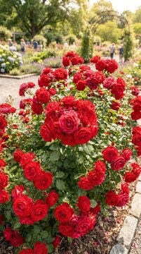 Vibrant red roses blooming in a lush garden on a sunny day.