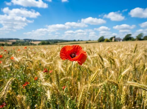 Vibrant Red Poppy Blooms in Golden Wheat Field Under Blue Sky.