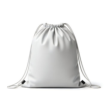 Light gray drawstring backpack standing upright