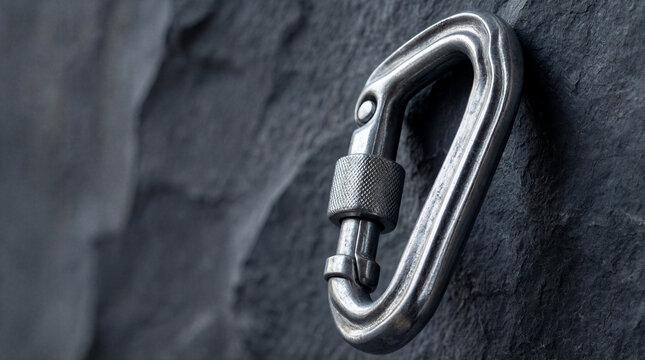 Climbing carabiner, heavy steel gear, extreme tension, safety equipment against a dark stone wall background