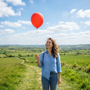 Woman Holding Red Balloon in Green Countryside Landscape.