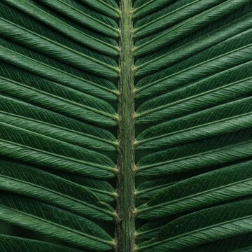 Extreme macro close-up of a fresh palm frond surface showing intricate parallel leaflets, a strong central rachis, and rich green tropical textures