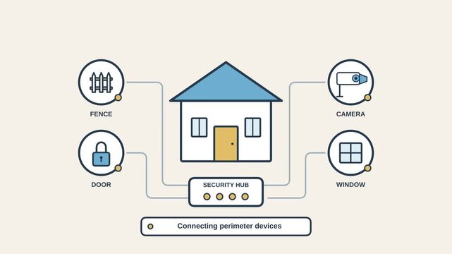 Smart home security system network diagram showing connection of various monitoring devices vector