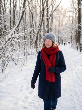 Young Woman Walking Through Snowy Forest Path Enjoying Winter Season.
