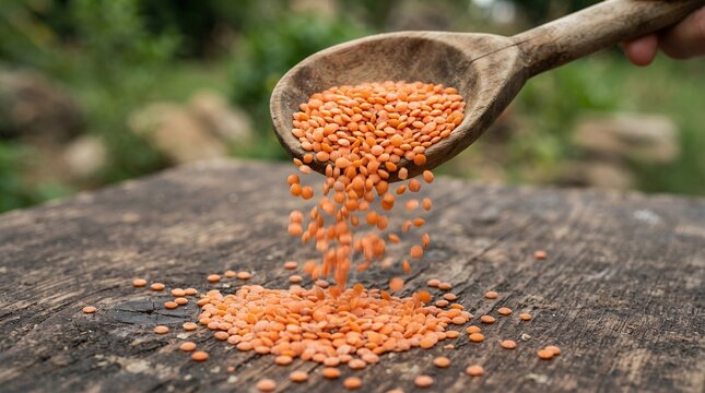 Wooden Spoon Pouring Red Lentils Onto Rustic Surface Outdoors.
