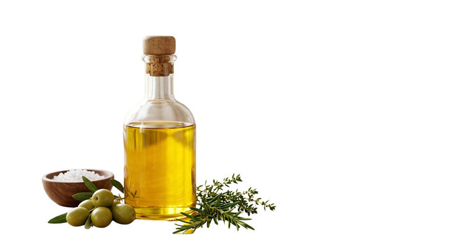 Extra virgin olive oil glass bottle with cork, green fresh olives and sea salt on white background, Mediterranean culinary concept
