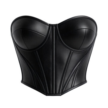 Black leather underbust corset harness displayed on a transparent background for fashion design