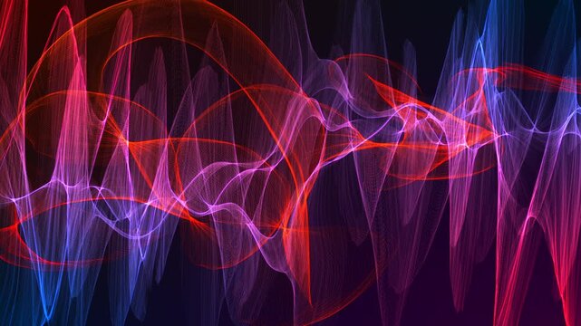 Slowly drifting sheer veils of red, violet and blue weave into luminous waves, creating a calm, fluid animation loop with glowing depth, elegant rhythm and continuously evolving forms