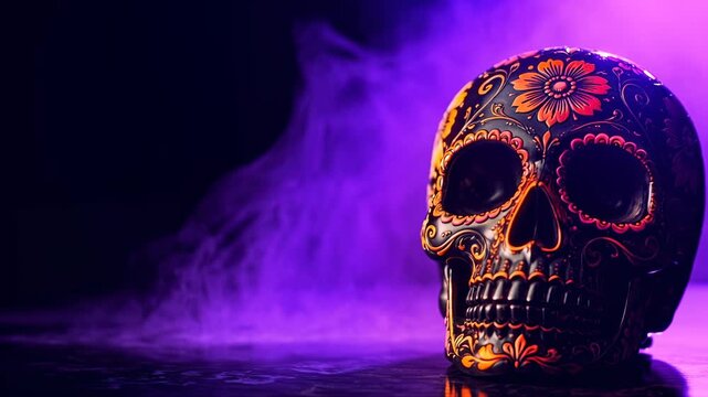 Neon sugar skull for D&iacute;a de Muertos with copy space