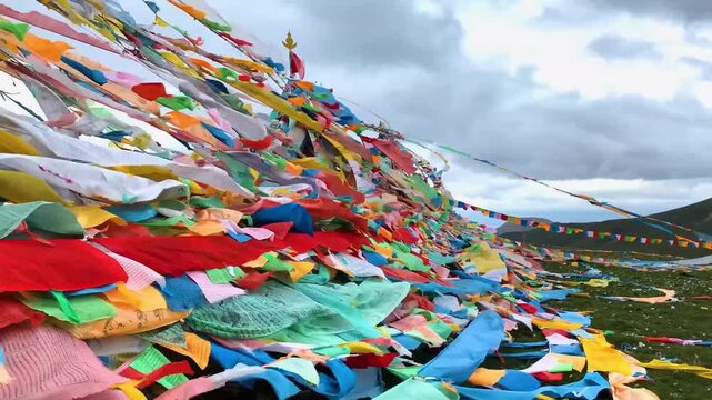 Tibetan prayer flags blowing in wind at high-altitude grassland with cloudy sky and distant mountains