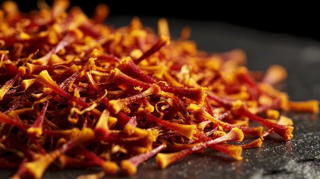 Pile of dried saffron threads for cooking and flavoring