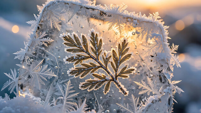 Dried winter leaf encased in block of ice with intricate frost patterns and frozen snowflakes detail macro.