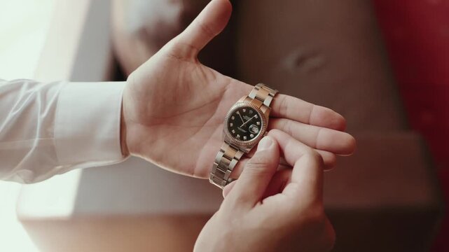 Man holds a two tone gold and steel wristwatch, black dial set with diamond markers, in his open palm.