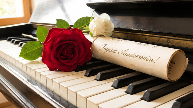 Birthday scroll and roses resting on vintage piano keys