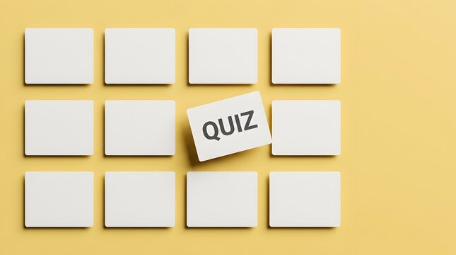 Educational evaluation and knowledge testing concept featuring a grid of blank white cards with one prominent quiz card standing out on a yellow background